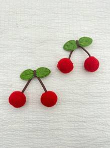 Cherry Fuzz Ball & Green Leaf Decor DIY Hair Clip, Cute Hair Accessory Suitable For Everyday Use - Multicolor - View 2