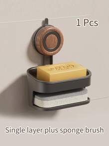 1 Pc Creative Light Luxury Free Punching Sucker Wall Hanging Removable Stainless Steel Wood Grain Bathroom Soap Box, Hollow Drain, Load-Bearing Capacity, Convenient Bathroom Use, Easy To Take, Single And Double Optional, Double Layer Send A Sponge Brush