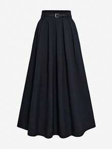 女士休闲百搭纯色高腰褶裥A字裙 春季 - 藏蓝色 - 查看 3