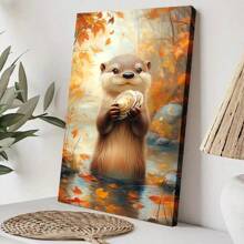 1pc Framed Canvas Wall Art Poster Printing Modern Realism Digital A Otter Holding A Piece Of Bread Wall Art Decoration For Living Room Bedroom Bathroom Kitchen Apartment Hotel, Artful Home Decoration - Framed, Vertical