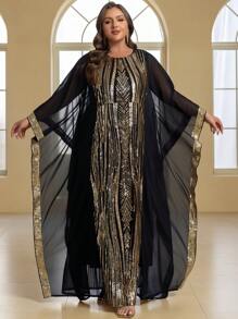 YISIKADO Plus Size Sequin Turkish Style Modest Belted Long Sleeve Dress Kaftan Arabian Dress Black Gold Long Dress,Party Dress,Gown,Formal,Evening,Wedding Guest - Multicolor - View 5