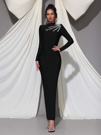 Modphy Nowa ręcznie robiona sukienka bandażowa z okrągłym dekoltem i długim rękawem ozdobiona kryształkami, elegancka formalna suknia na imprezę, bankiet, wydarzenia, suknię dla gości weselnych, suknię wieczorową