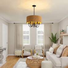 19" Bohemian Rattan Drum Chandelier, 5-Light Round Candle Pendant Light Fixture, Farmhouse Woven Cage Chandelier For Dining Room Bedroom