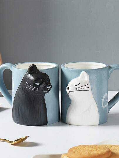 DearDali 350 ml/13,43 oz Tasse en céramique pour couple de chats, tasse à café mate créative en 3D, paire de décoration romantique pour la maison, cadeau de la Saint-Valentin pour le thé de l'après-midi, l'art du latte, simple noir et blanc, de retour à l'école