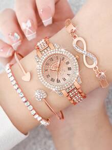4 peças/conjunto de relógio feminino elegante com strass e numeral romano e pulseira de corrente em formato de 8, pulseira redonda dourada da moda, presente para o dia das mães, dia do professor, ação de graças, formatura, aniversário