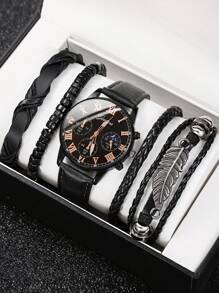 5pcs Men's Fashion Quartz Watch Set - Vintage Style Leaf Beaded Handmade Braided Bracelet, PU Leather Watch With Precise Analog Display, Comfortable, Ideal Gift For Him, Suitable For Casual & Sports