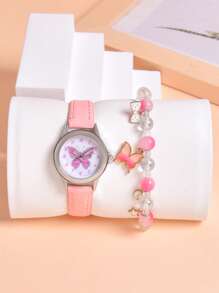 Set de 2 piezas: 1 reloj de cuarzo con diseño de mariposa de dibujos animados para niña, 1 brazalete de mariposa con cuentas, con correa de PU