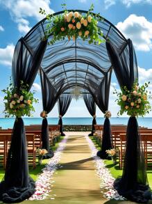 1 件优雅黑色雪纺婚礼拱门窗帘 - 透明面料，适合仪式和招待会装饰，适合派对、订婚、婚礼和宴会 - 黑色 - 查看 8