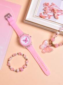3 件/套 2024 新款卡通蝴蝶硅胶表带手表带双机芯 LED 灯，奢华亚克力蝴蝶手链项链套装，适合女孩