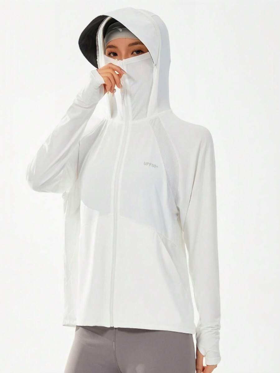 夏季女士防晒轻便夹克透气速干冰丝户外防晒连帽夹克适合徒步旅行、钓鱼和户外运动 - 白色 - 查看 1