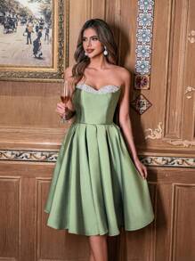 Faeriesty 优雅缎面中长款仿珍珠装饰鸡尾酒会礼服，带手工珠饰的奢华晚礼服，派对礼服，婚礼宾客礼服 - 綠色 - 查看 7