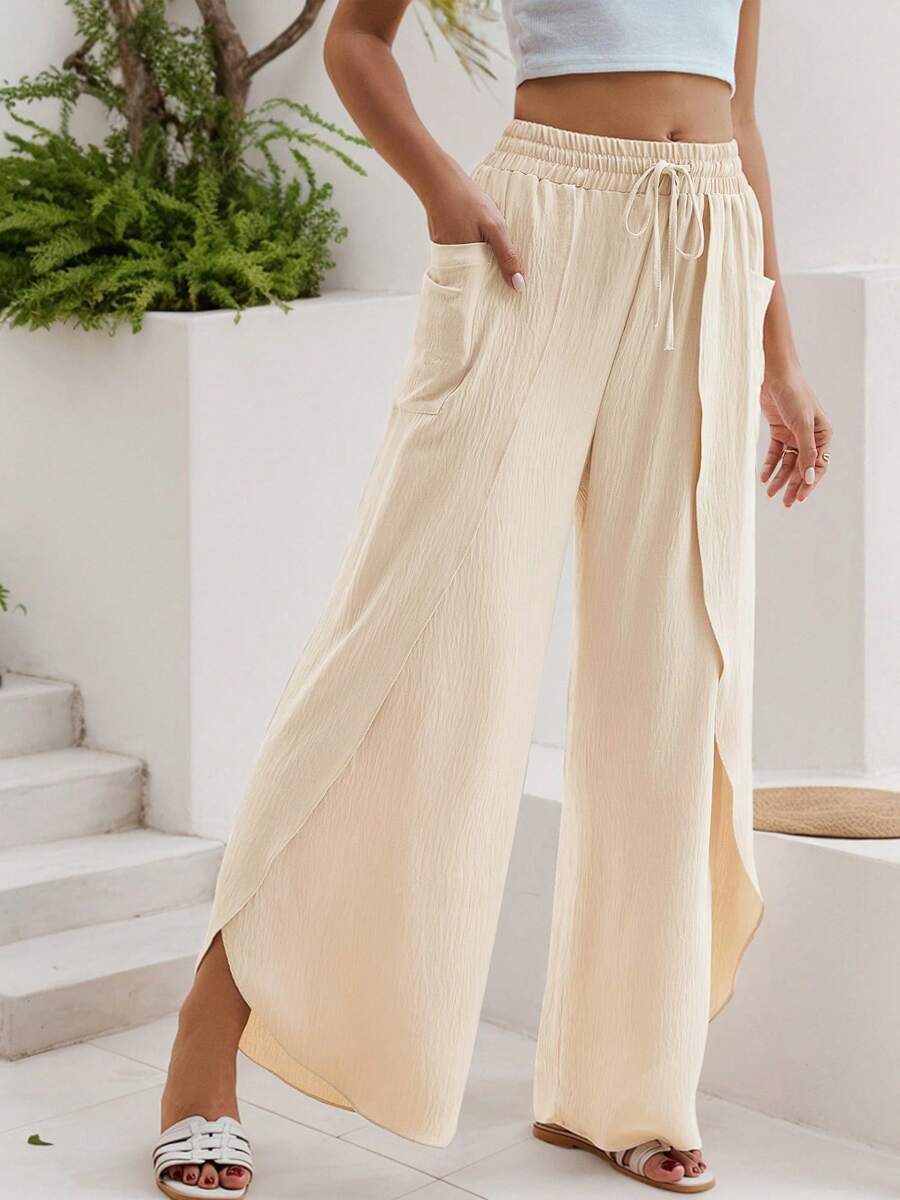 SANOPY Women's Pants,Scrub Pants For Women,Linen Pants Women,Womens Wide Leg Pants Side Split High Waisted Palazzo Pants Boho Flowy Trousers - 米色 - 查看 1
