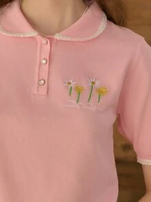 Simple Retro Women's Spring/Summer New Peter Pan Collar Button Embroidery Pink Romantic Elegant Retro Fitted Short Sleeve Pullover Knit Sweater - Pink - View 8
