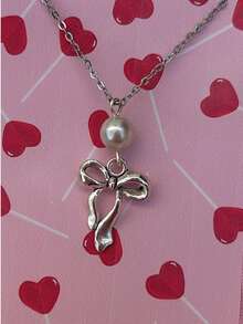 collar aesthetic coquette con moño y2k para mujer o adolescente cadena de material acero inoxidable plateada resistente al agua - moño - Ver 1