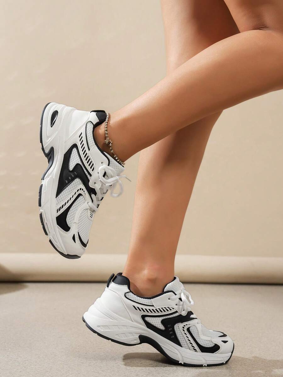 2025秋季软皮厚底坡跟运动鞋，2024春夏新款网面透气跑步鞋，女士休闲运动鞋 - 黑色 - 查看 1