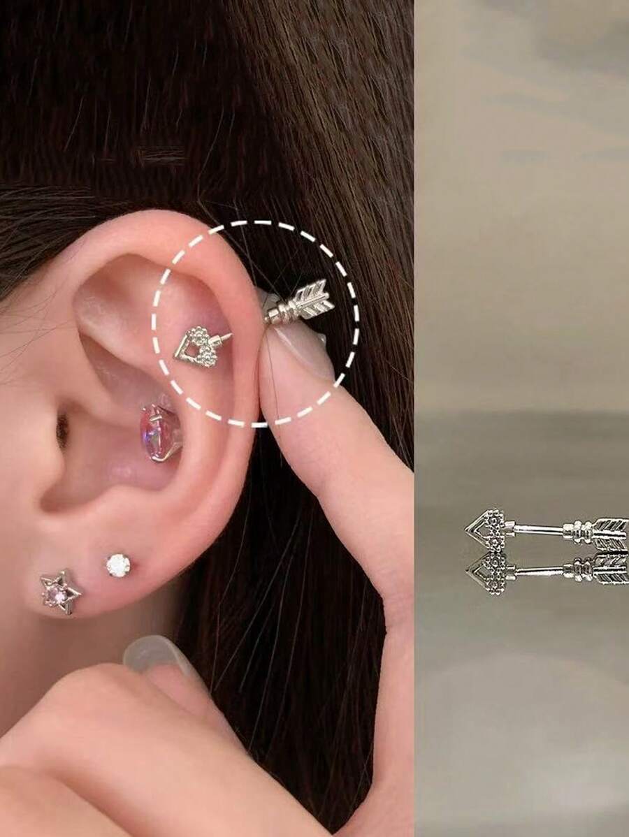 1pc Punk Sweet Cool Style Silver Alloy Hollow Heart + Arrow Design Cartilage Earring For Women Daily Wear / Party Hot Girl Accessory - H8704 - View 1