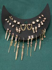 17pcs/Set Minimalist Multi-Crystal Vintage Style Stud Earrings & Dangle Earrings, Original Design Unique Accessories - Pink - View 2