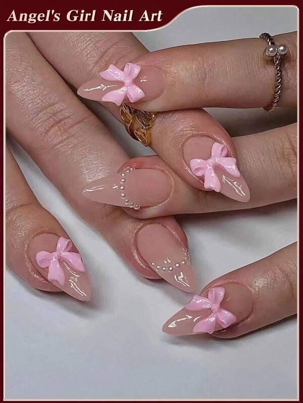 24pcs/Set Press On Nails, Long Almond Pink Bowknot & Faux Pearl Sweet Style Design Acrylic Press On Nails , Contain 1pc Jelly Glue And 1pc Nail File, Suitable For Women And Girls Daily Work And Party Use