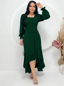 Women's Long Sleeve Midi Mullet Dress With Ruffles Tailoring Square Neckline Spring Summer Christian Evangelical Fashion REF: Angela - 橄欖綠 - 查看 2