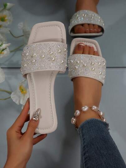 Sandalias planas para mujer de tallas grandes, estilo vacacional, versátiles y casuales para exteriores con decoración de rhinestones, de tipo slip-on