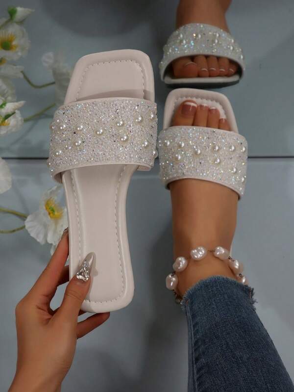 Women Plus Size Flat Sandals, Vacation Style, Casual Versatile Outdoor Rhinestone Decorated Slip-On Slippers