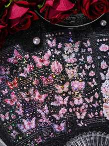 1 Card 6 Butterfly Stickers Crystal Flash Butterfly Laser Waterproof Pet Notebook Bag Diy Gooka Notebook Material Paper Suitable For Hand-Collage Notebook Decoration Family Small Items Decoration For Children Students Classmates Friends Gifts,School Supplies,Back To School