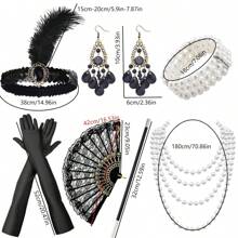 Lata 20. XX wieku, makijaż imprezowy dla kobiet, maskarada, kolczyki, elegancka, elegancka, ekskluzywna opaska na głowę, rękawiczki, bransoletka, uchwyt na papierosy, koronkowy wachlarz, 7-częściowy zestaw kostiumów imprezowych