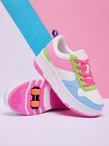 2025 New Kids Roller Skate Shoes, Thick Sole Round Toe Lace-Up Sport Sneakers, Unisex Style, Removable Double Wheels - Hot Pink - View 10