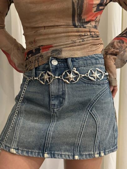 1pc Silver 6-Point Starfish Design Retro Punk Gothic Chain Belt, Suitable For Skirts, Pants, Everyday Wear