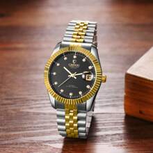 JEWELRYWE Elegant Men's Automatic Mechanical Watch, 36 Hours Power Reserve, Round Case, Luminous Hands, Rhinestone Scale, Magnifying Lens Calendar, Stainless Steel Strap, Water Resistant, Can Be Used For Business Casual Wear, Father's Day Birthday Anniversary Christmas Gift - màu đen - Xem 2