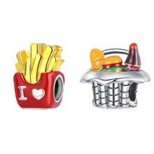 Easvnya 1 件时尚镀银薯条和汉堡串珠装饰，3D 设计优雅时尚，适合手链和项链配饰，可作为生日或节日的完美珠宝礼物 - 兩件薯條漢堡組合 - 查看 13