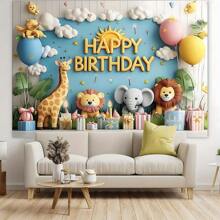 1pc Birthday Animal Party Background Banner, Suitable For Photo Booths, Birthday Anniversary Party Supplies, Holiday Accessories And Decorations, Easy To Hang Indoors And Outdoors - Multicolor - View 2
