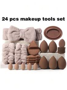 8/24/44/49/54/56PCS Makeup Tools Set Including:24PCS Makeup Brush Set+5PCS Makeup Sponges+5PCS Mini Makeup Sponges+5PCS Triangle Powder Puffs+5PCS Mini Air Cushion Powder Puffs+1pc Makeup Brush Cleaning Tools+1pc Hairband+2PCS Hand Bowl Strap - 彩色 - 查看 16