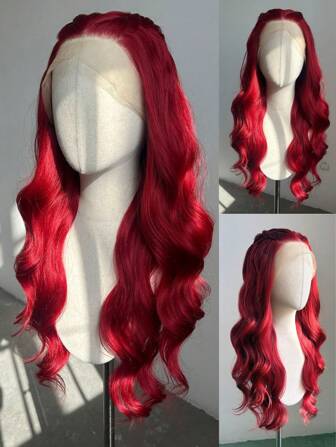 SALLYWELL Red Long Body Wave Lace Front Wig - 180% Density, 13x4 HD Transparent Lace, Heat Resistant Synthetic Fiber, Glueless Hairpiece For Women, Beauty Enhancement|Bold Look Wig|Full Volume Wig, Synthetic Lace Front Wig
