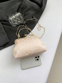 Bolso de embrague con cadena de lentejuelas 2025, bolso de mano de noche de moda de celebridad, bolso de hombro cruzado, bolso de asa superior con cremallera y unicolor [Patrón de flores diminutas en posición aleatoria] - Rosa - Ver 9