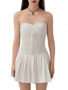 Women's Tube Top Dress Sleeveless Off Shoulder Front Ruched Lace Embroidery Backless Pleated Mini Dress For Party Club