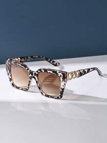 Leopard Print Boho Style Sunglasses For Men And Women, Retro Square Large Frame With Heart Decor Plastic Temples, Fashion Classic Style For Outdoor Travel Beach Vacation Casual Wear, Summer UV Protection Fashionable Shade Elegant Outfit Family Outings Travel Vacation Holiday For Summer Beach Vacation,Outdoor,Travel - Multicolor - View 3