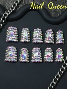 10pcs 100% Handmade New Duck Mouth Nail Enhancement Set Explosion Flash Rhinestone Nail Jewel Full Coverage Design Removable Reusable Nail Enhancement Unique Nail Enhancement Art Party Wedding Necessary Fashion Accessories Girl Gift Preferred Nail Enhancement Products Including Nail File Nail Gel