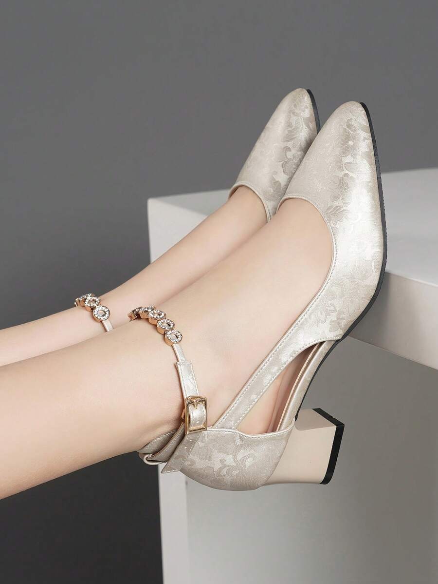 Fall/Winter 2025 High Heels Pumps With Thick Heel, Square Toe, Rhinestone Buckle Strap, Elegant - Apricot - View 1