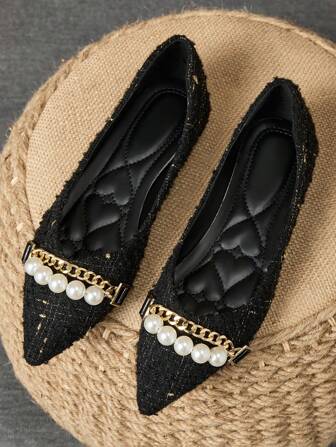 WHDXY 女士尖头一脚蹬时尚软底平底鞋，优雅芭蕾平底鞋，珍珠装饰便士乐福鞋，独特简约软底女鞋