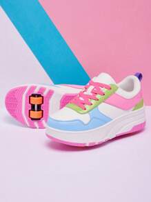 2025 New Kids Roller Skate Shoes, Thick Sole Round Toe Lace-Up Sport Sneakers, Unisex Style, Removable Double Wheels - Hot Pink - View 11