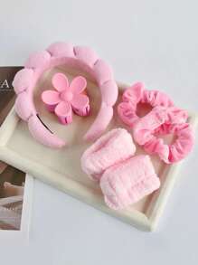 6 件女士水疗套装，波浪形优雅纯色加厚头带，腕带毛绒发圈腕带，用于洗脸和花朵发夹配件发箍 - 彩色 - 查看 12