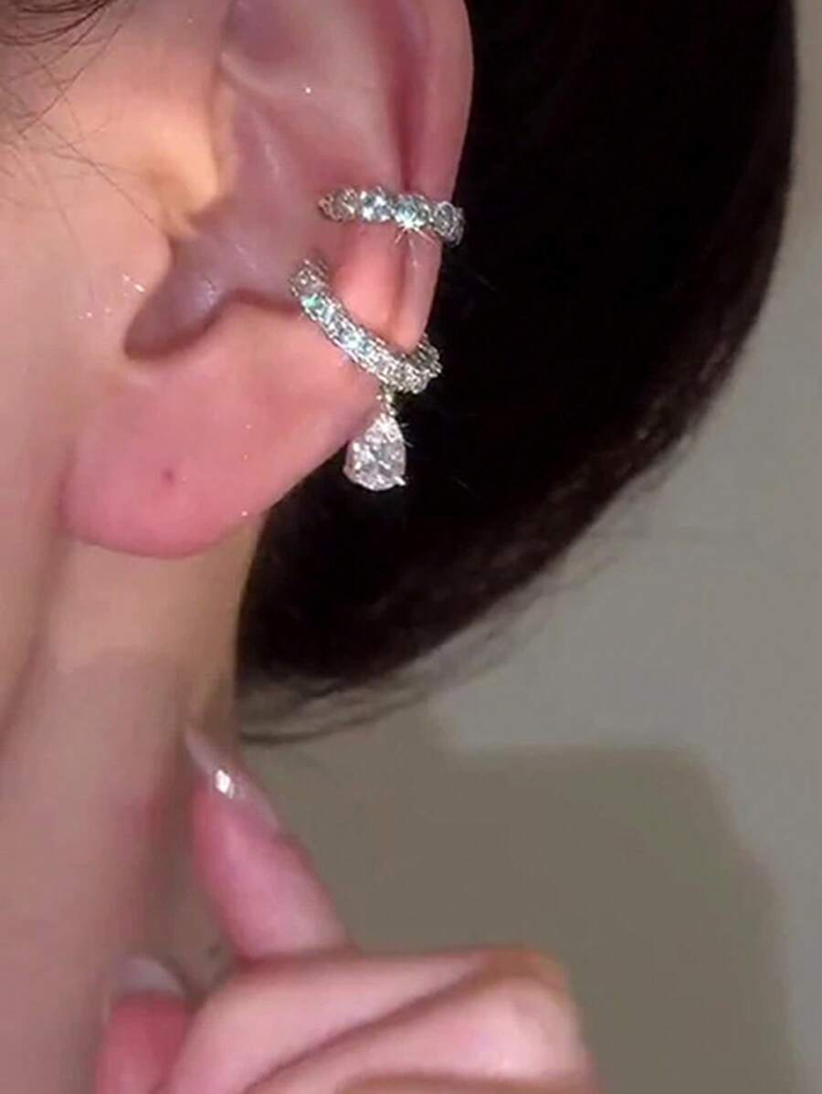 rundraw 2 件水滴圆形夹式耳环，银色调铜材质，镶嵌锆石，时尚奢华风格，适合女性日常佩戴