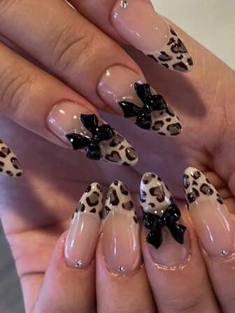 24Pcs Y2K Style Nails Medium Almond Press On Nails Leopard Print French Tip Glossy Full Cover Fake Nails 3D Black Bow&White Rhinestone False Nails For Women And Girls Wedding - Includes Nail File & Jelly Adhesive Nail Supplies Nails