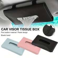 1pc PU Leather Car Sun Visor Tissue Box Holder - Fashionable Car Interior Storage Solution With Elastic Band, Available In Light Blue, Pink, Beige And Black Colors, Car Tissue Box Dispenser
