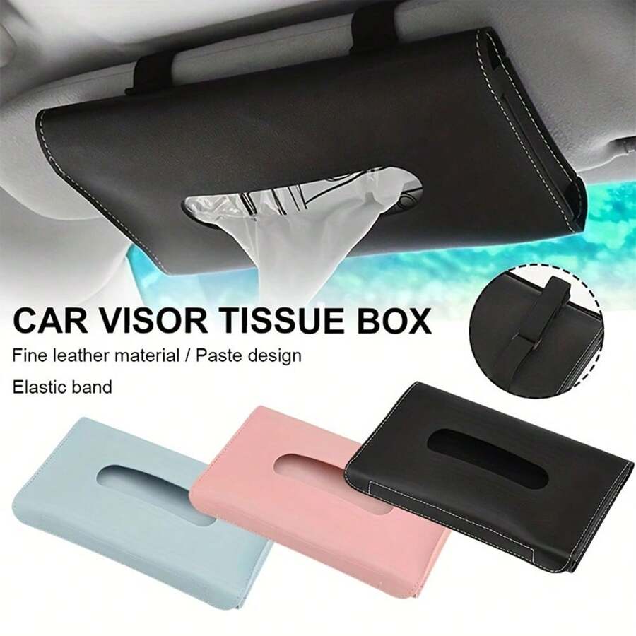 1pc PU Leather Car Sun Visor Tissue Box Holder - Fashionable Car Interior Storage Solution With Elastic Band, Available In Light Blue, Pink, Beige And Black Colors, Car Tissue Box Dispenser