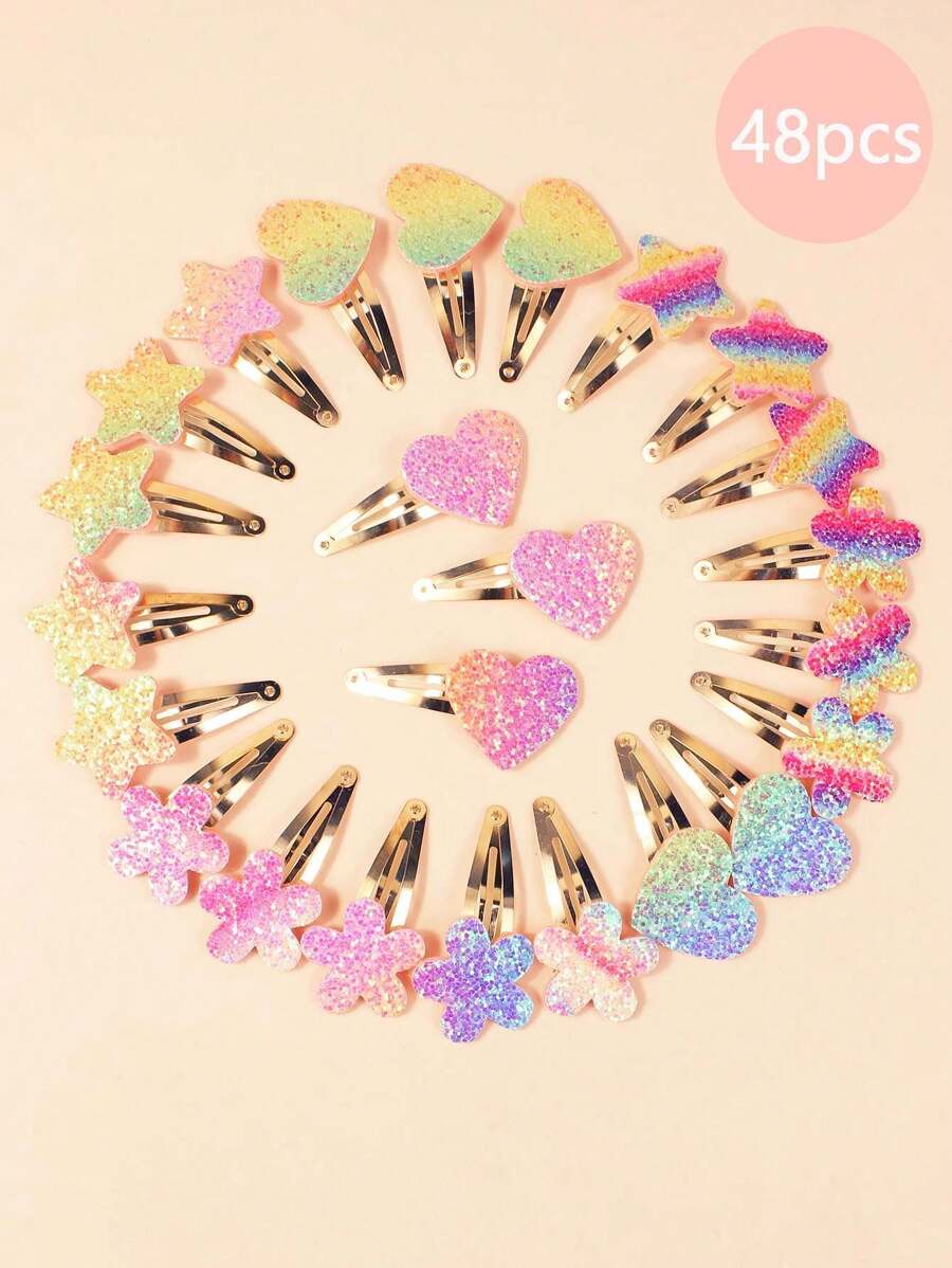 24PCS/12PCS Rainbow Five-Pointed Star Love Bow Glitter Hairpin Girls BB Clip Shiny Cartoon Water Drop Clip