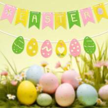 1 pieza Banderín con forma de huevo de Pascua, conejo y flor de fieltro, decoración de fondo no tejida para fiesta de Pascua, calcomanía de ventana con pollito y lirio