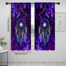2PCS Dream - Catcher Printed Curtain, Mysterious And Dreamy Style, Purple Starry - Sky Background With Stars And Feathers Embellishment, Rod - Pocket Included, Suitable For Home Decor In Living Rooms, Bedrooms, Children's Rooms, Studies, Etc.