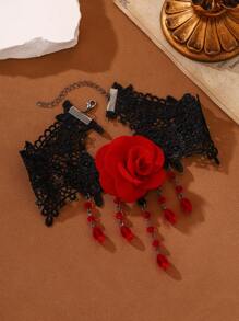 2pcs Vintage Rose Choker And Bracelet Set - Black Lace And Red Rose Jewelry Set For Girls - Gothic Lolita Jewelry Set